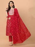 Bandhani Printed & Embroidered Kurta With Pant And Dupatta Set, Multicolor - Hiral Fashion
