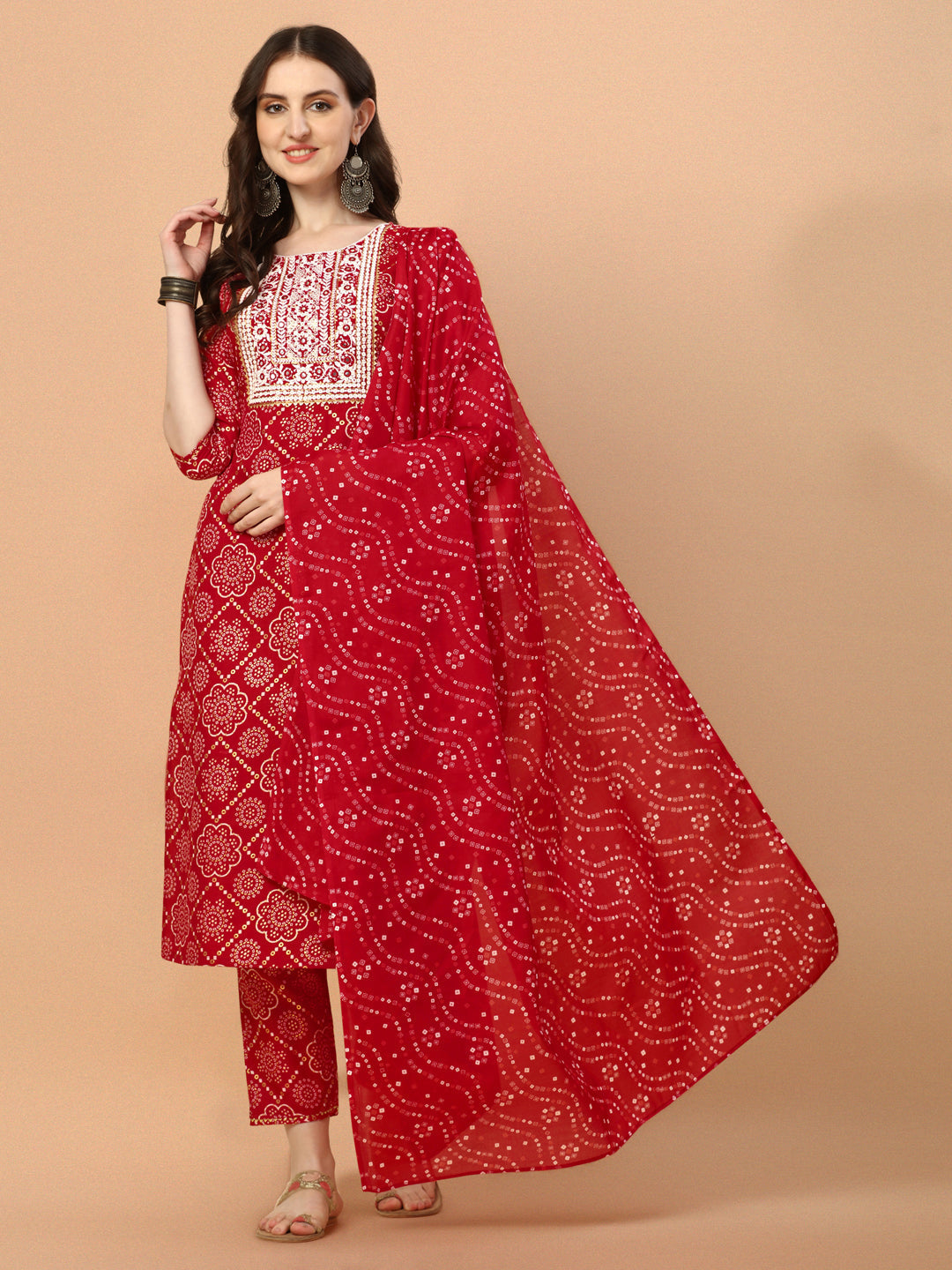 Bandhani Printed & Embroidered Kurta With Pant And Dupatta Set, Multicolor - Hiral Fashion