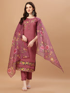 Hand Embroidered Kurta With Pant & Printed Premium Organza Dupatta, Multicolor - Hiral Fashion
