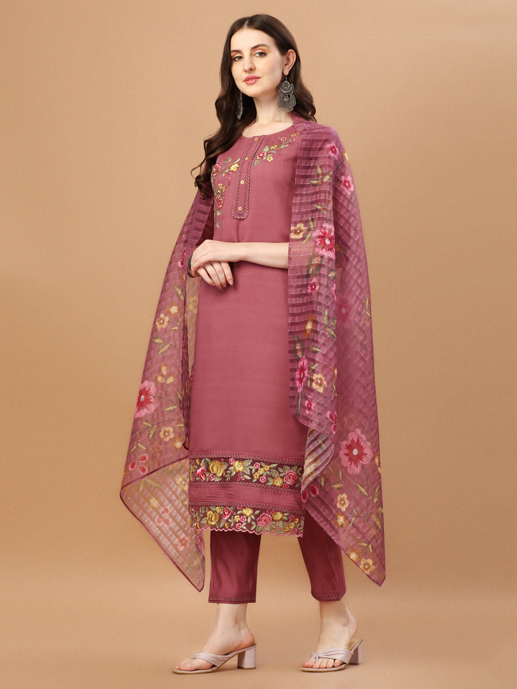 Hand Embroidered Kurta With Pant & Printed Premium Organza Dupatta, Multicolor - Hiral Fashion
