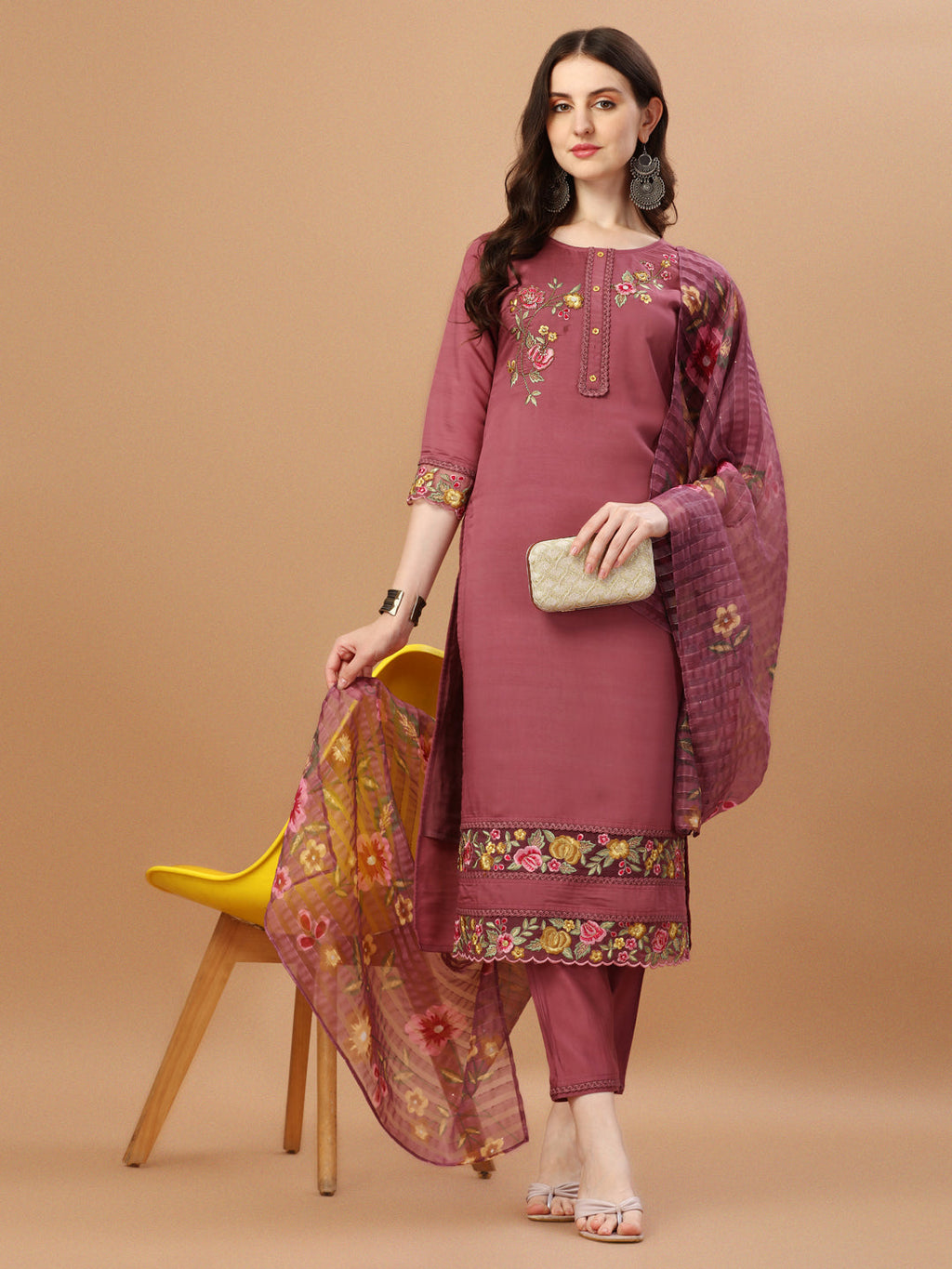 Hand Embroidered Kurta With Pant & Printed Premium Organza Dupatta, Multicolor - Hiral Fashion