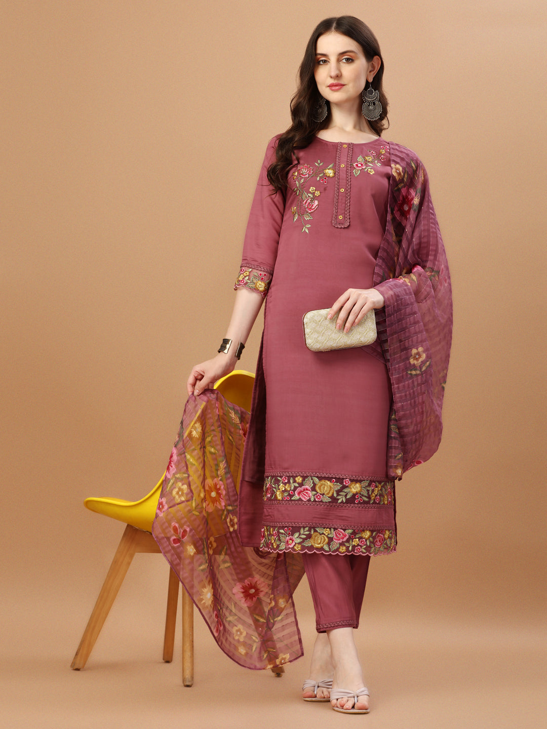 Hand Embroidered Kurta With Pant & Printed Premium Organza Dupatta, Multicolor - Hiral Fashion