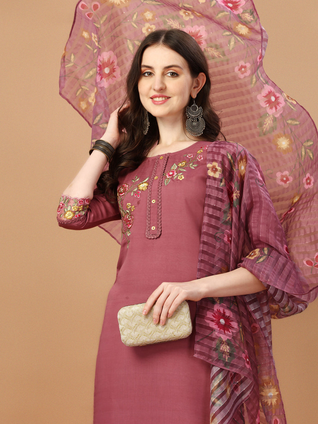 Hand Embroidered Kurta With Pant & Printed Premium Organza Dupatta, Multicolor - Hiral Fashion