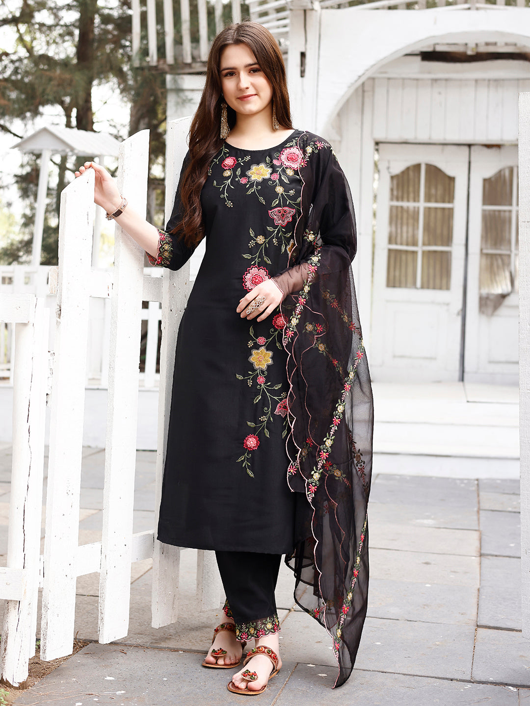 Floral Embroidered Kurta With Pant & Premium Organza Embroidered Dupatta Luxury, Multicolor - Hiral Fashion - Distacart