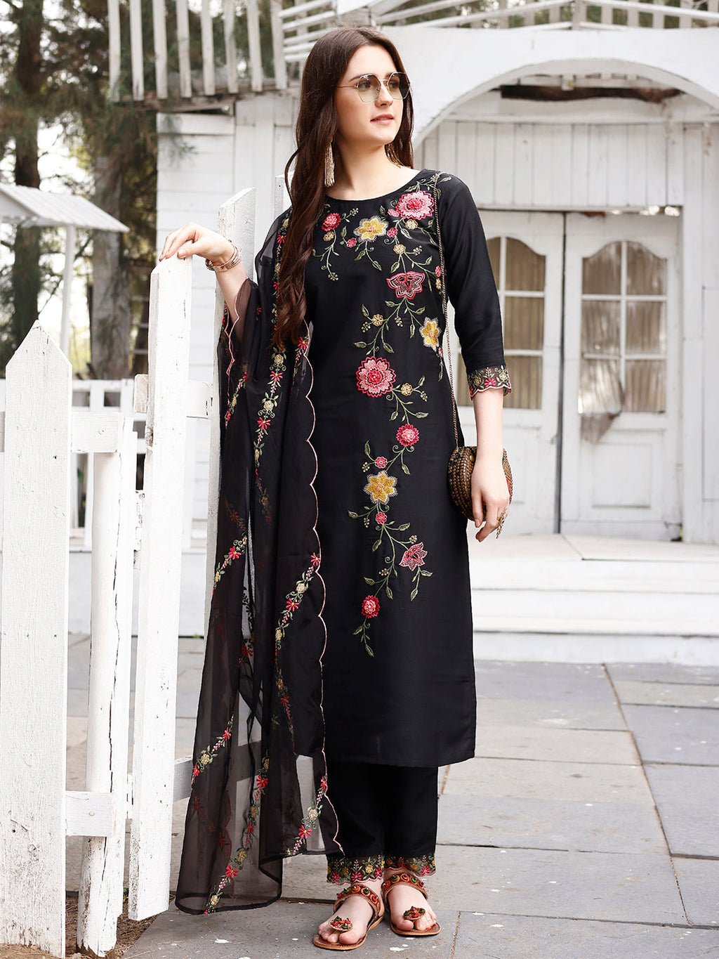 Floral Embroidered Kurta With Pant & Premium Organza Embroidered Dupatta Luxury, Multicolor - Hiral Fashion - Distacart