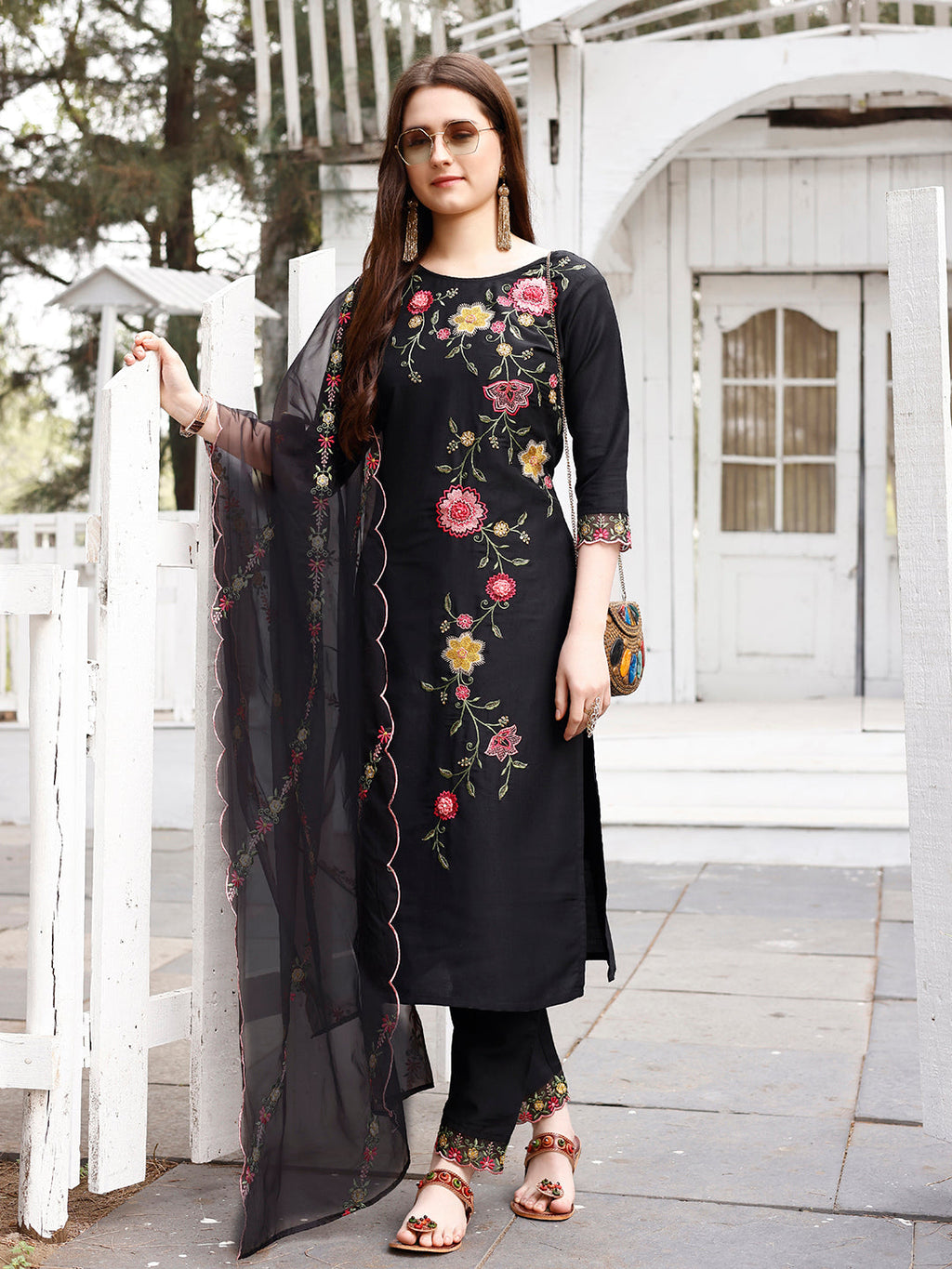 Floral Embroidered Kurta With Pant & Premium Organza Embroidered Dupatta Luxury, Multicolor - Hiral Fashion - Distacart