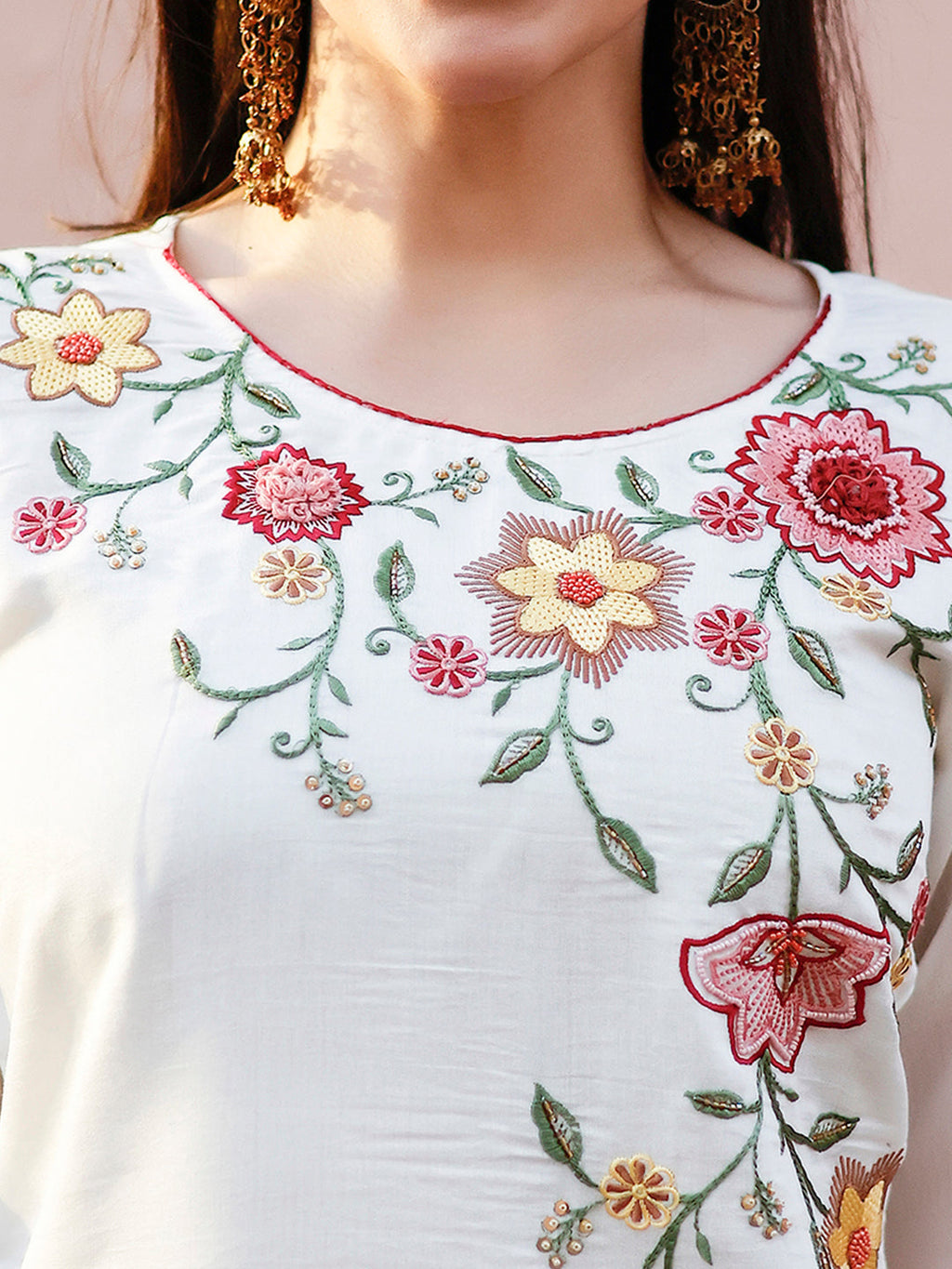 Floral Embroidered Kurta With Pant & Premium Organza Embroidered Dupatta, Multicolor - Hiral Fashion - Distacart