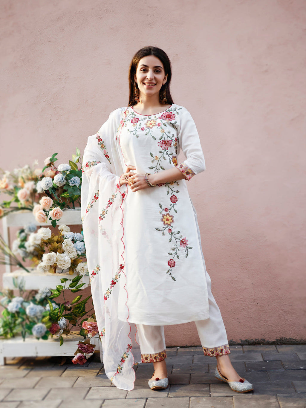 Floral Embroidered Kurta With Pant & Premium Organza Embroidered Dupatta, Multicolor - Hiral Fashion - Distacart