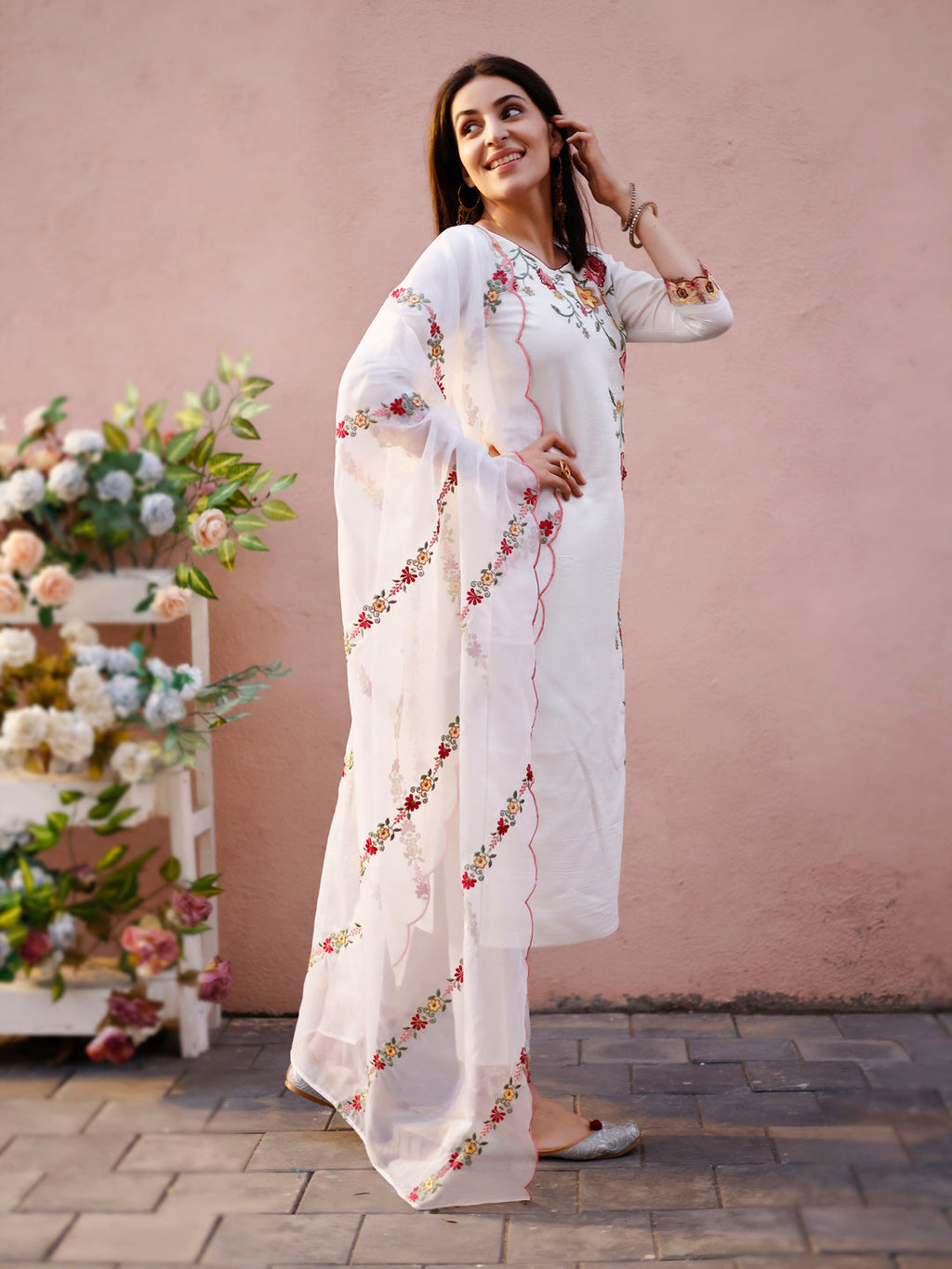 Floral Embroidered Kurta With Pant & Premium Organza Embroidered Dupatta, Multicolor - Hiral Fashion - Distacart