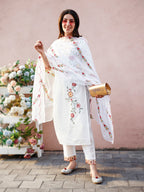 Floral Embroidered Kurta With Pant & Premium Organza Embroidered Dupatta, Multicolor - Hiral Fashion - Distacart