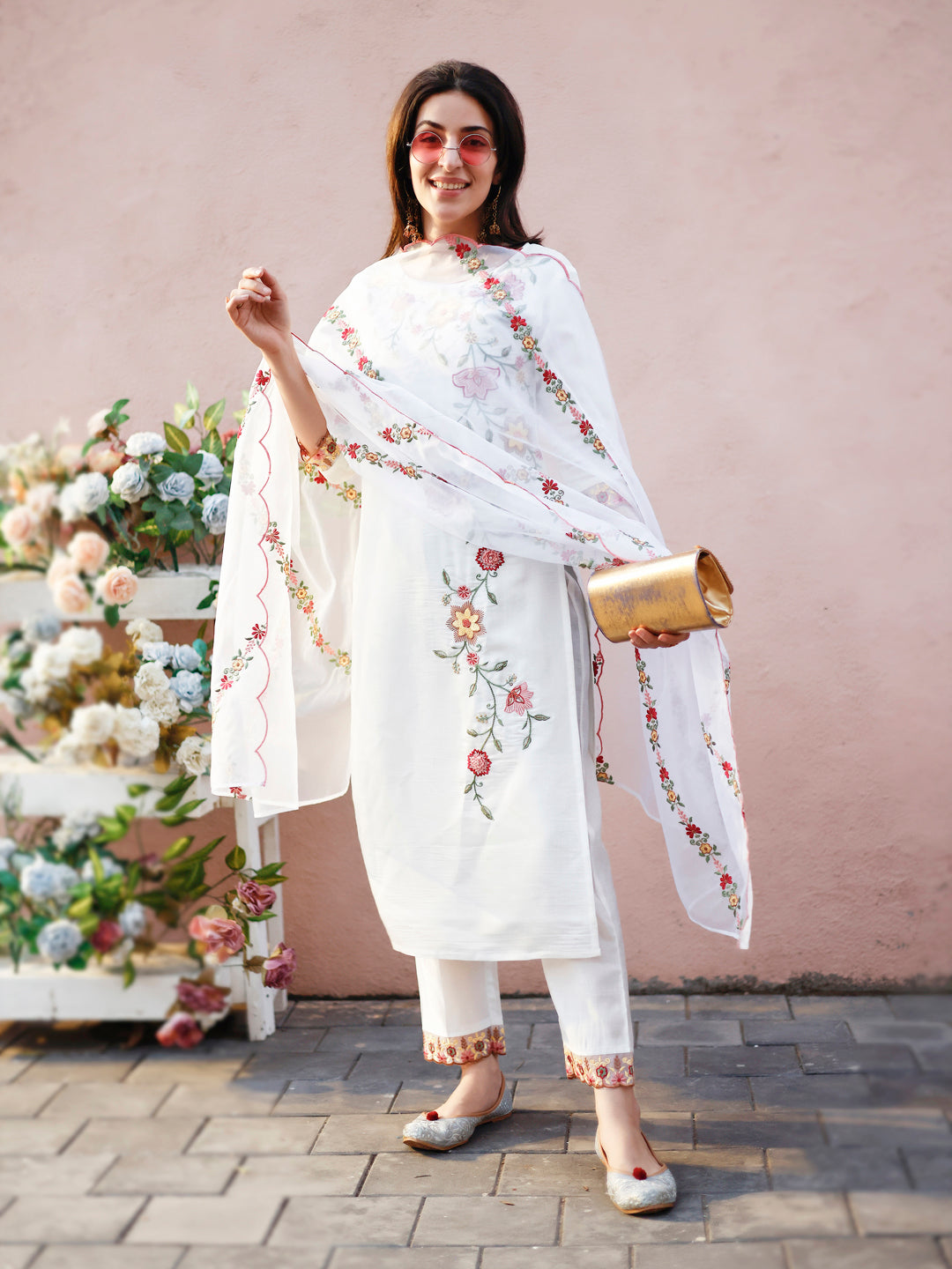 Floral Embroidered Kurta With Pant & Premium Organza Embroidered Dupatta, Multicolor - Hiral Fashion - Distacart
