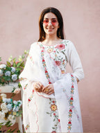 Floral Embroidered Kurta With Pant & Premium Organza Embroidered Dupatta, Multicolor - Hiral Fashion - Distacart