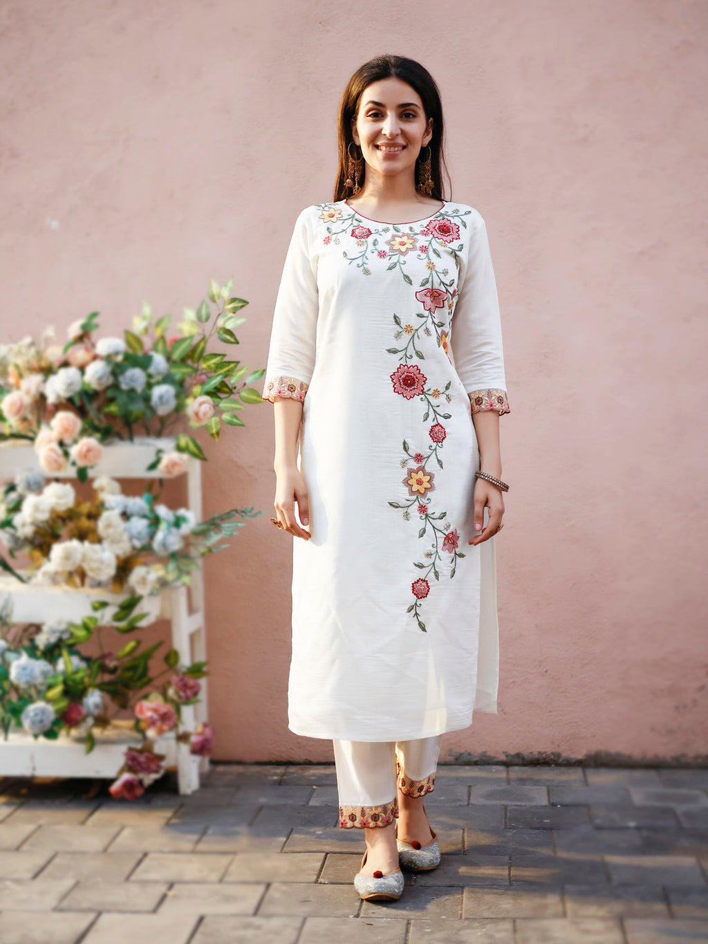 Floral Embroidered Kurta With Pant & Premium Organza Embroidered Dupatta, Multicolor - Hiral Fashion - Distacart