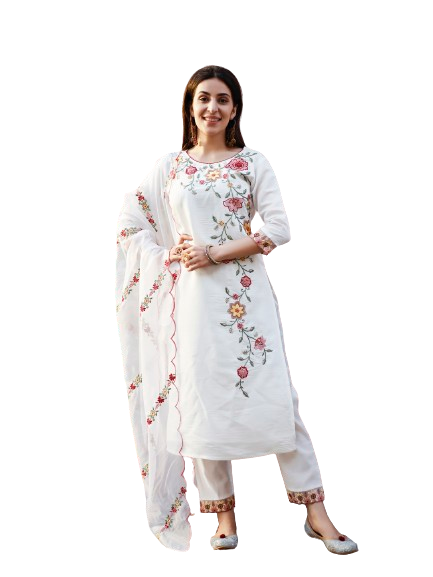 Floral Embroidered Kurta With Pant & Premium Organza Embroidered Dupatta, Multicolor - Hiral Fashion - Distacart