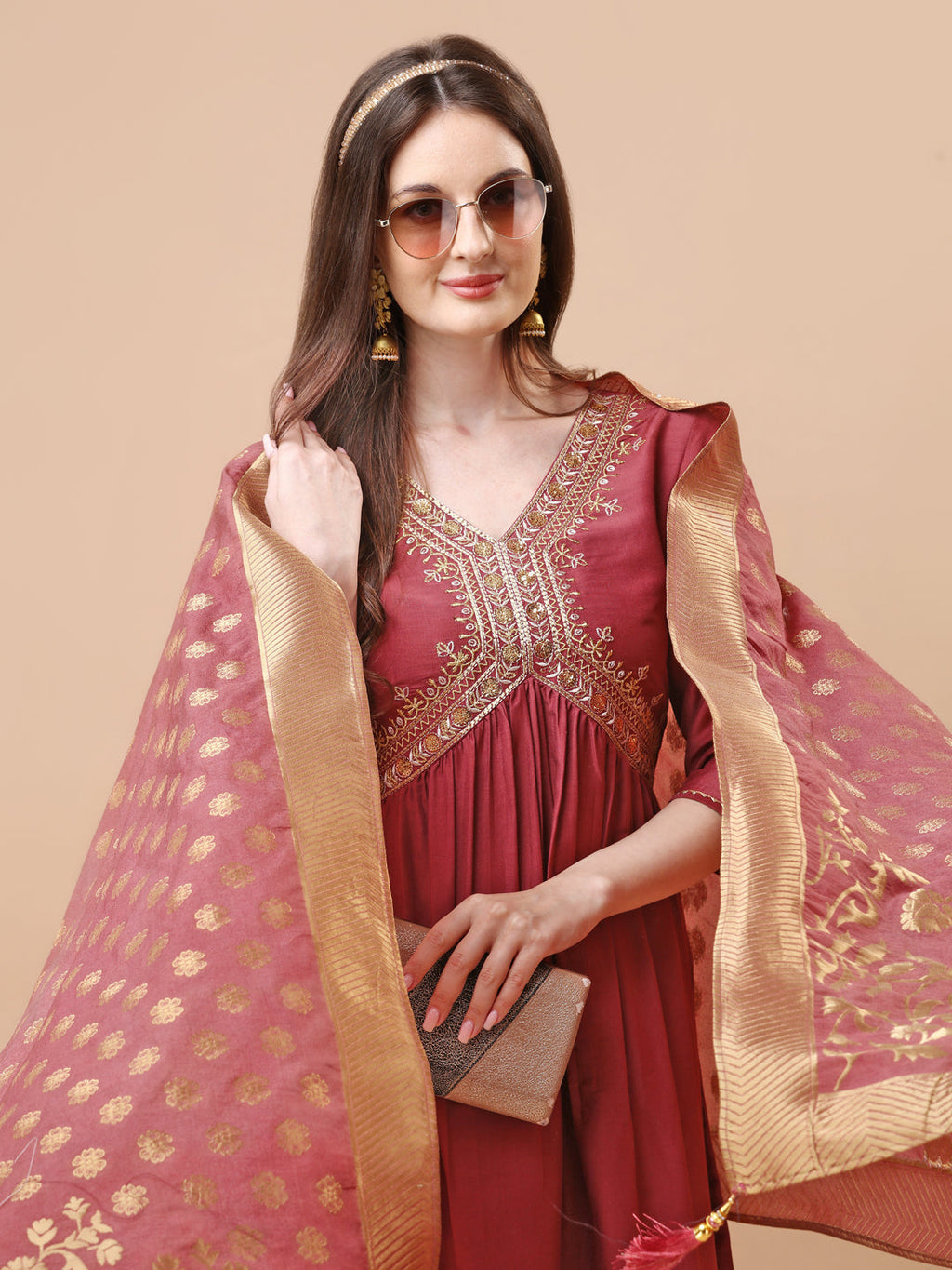 Alia Cut Sequined Embroidered Premium Kurta Set With Banarasi Silk Dupatta, Multicolor - Hiral Fashion