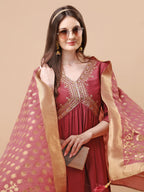 Alia Cut Sequined Embroidered Premium Kurta Set With Banarasi Silk Dupatta, Multicolor - Hiral Fashion
