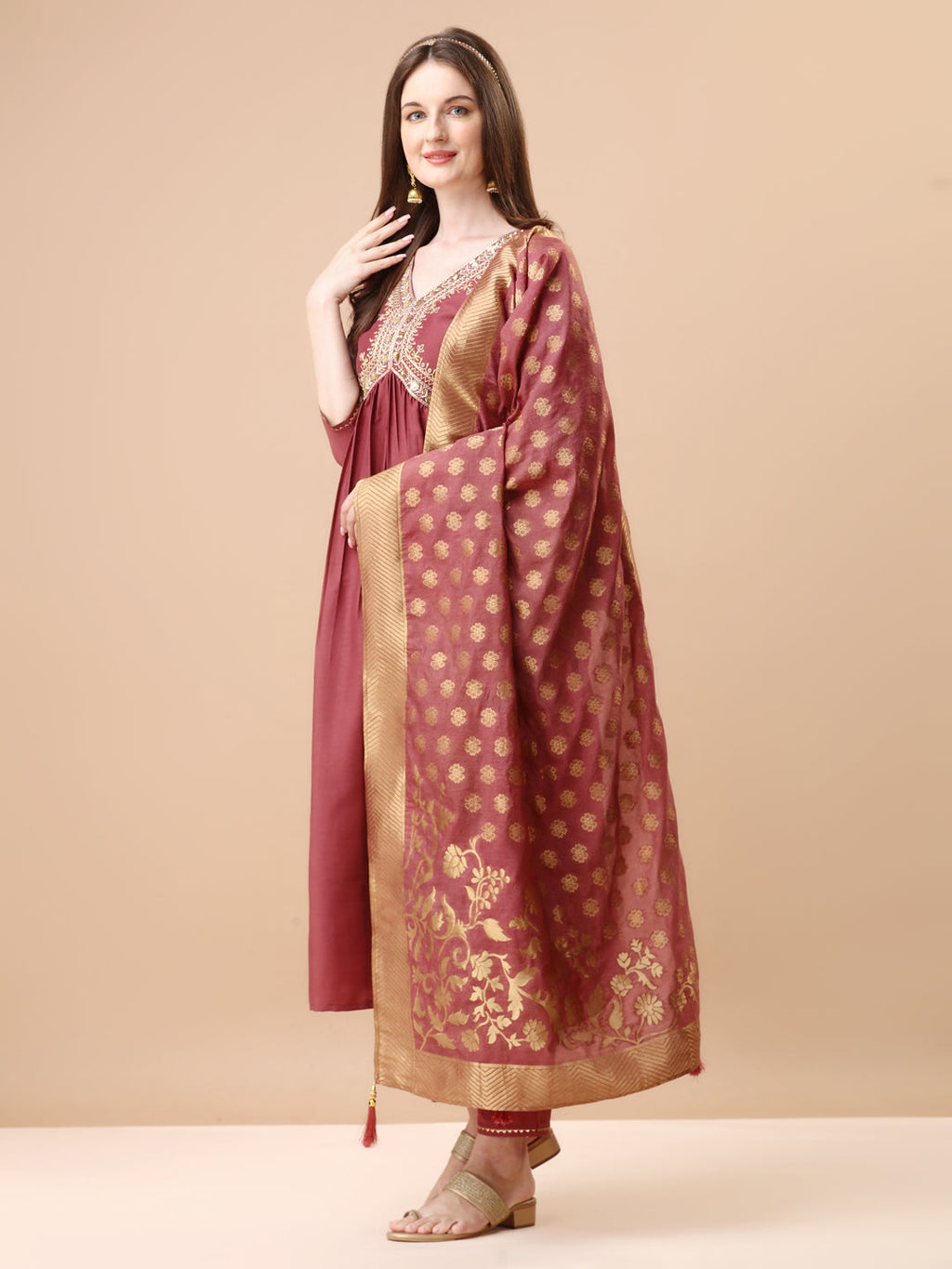 Alia Cut Sequined Embroidered Premium Kurta Set With Banarasi Silk Dupatta, Multicolor - Hiral Fashion