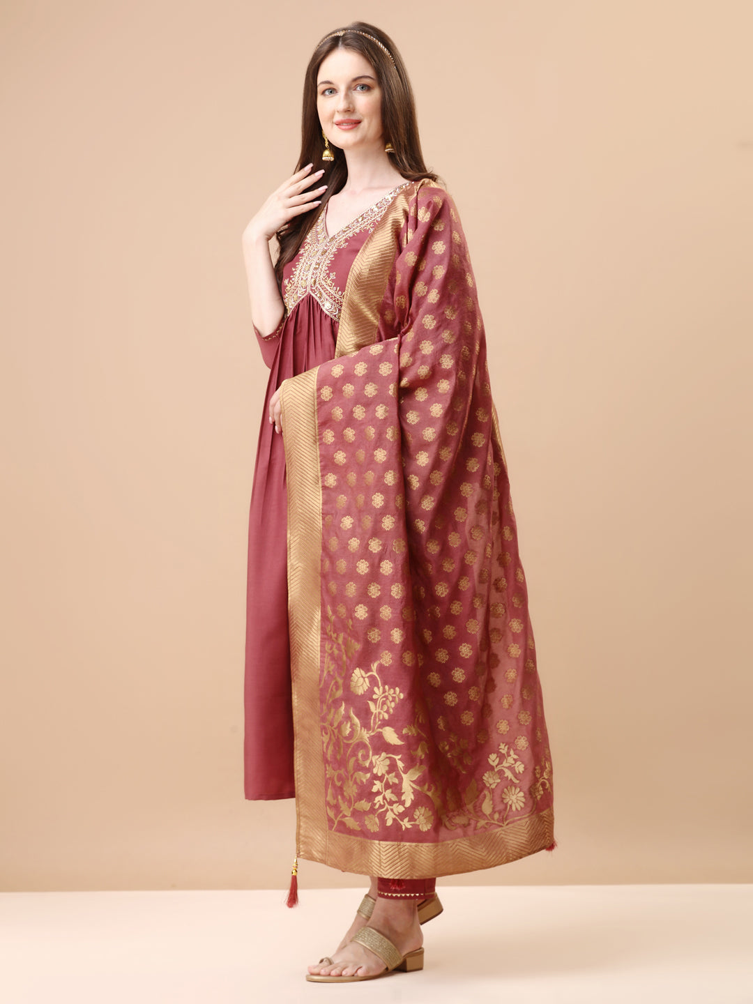 Alia Cut Sequined Embroidered Premium Kurta Set With Banarasi Silk Dupatta, Multicolor - Hiral Fashion