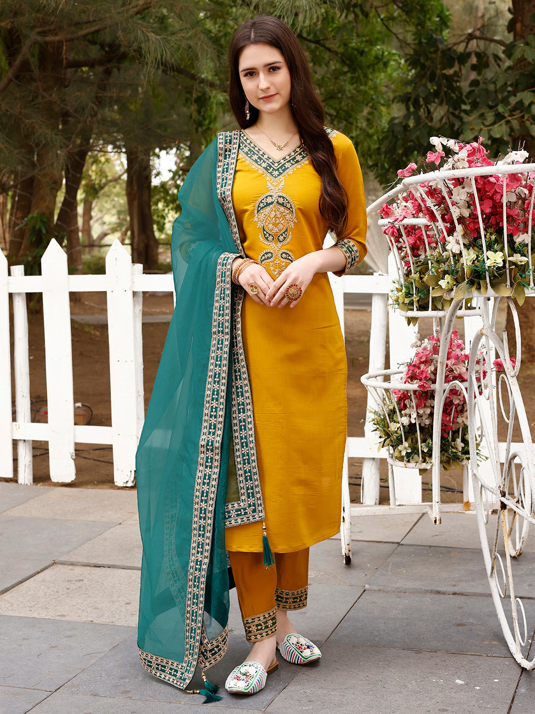 Embroidered Kurta With Pant & Border Premium Embroidered Dupatta, Multicolor - Hiral Fashion - Distacart