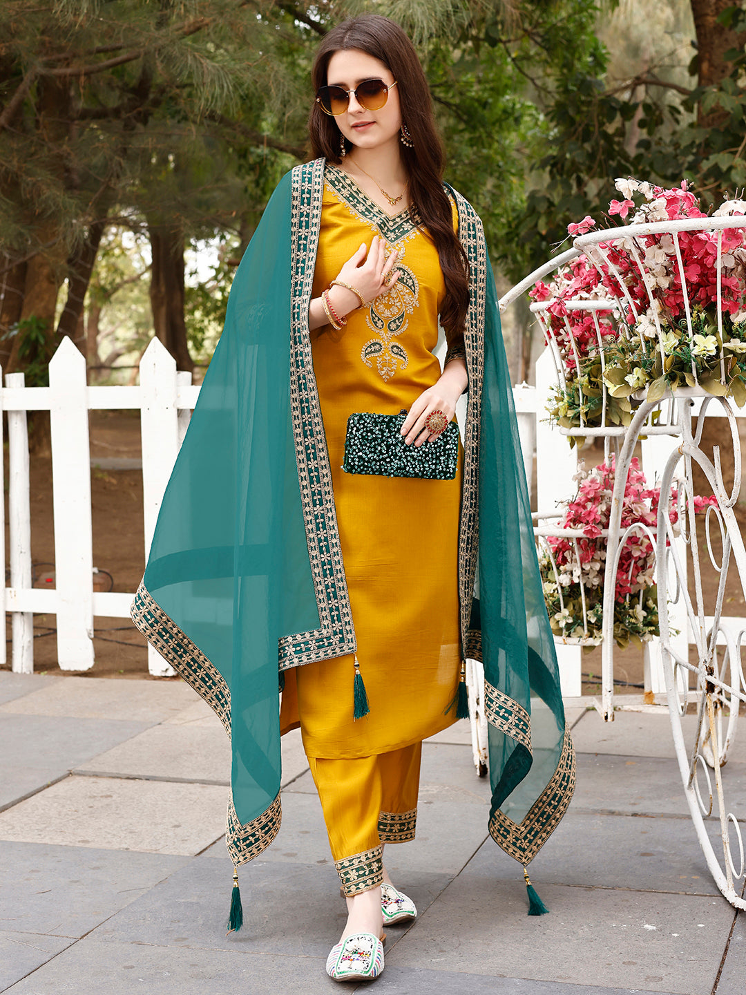 Embroidered Kurta With Pant & Border Premium Embroidered Dupatta, Multicolor - Hiral Fashion - Distacart