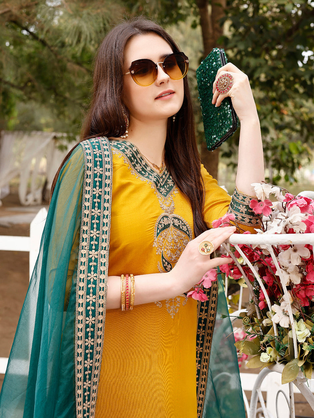 Embroidered Kurta With Pant & Border Premium Embroidered Dupatta, Multicolor - Hiral Fashion - Distacart