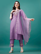 Embroidered Kurta With Pant & Premium Embroidered Organza Dupatta, Multicolor - Hiral Fashion