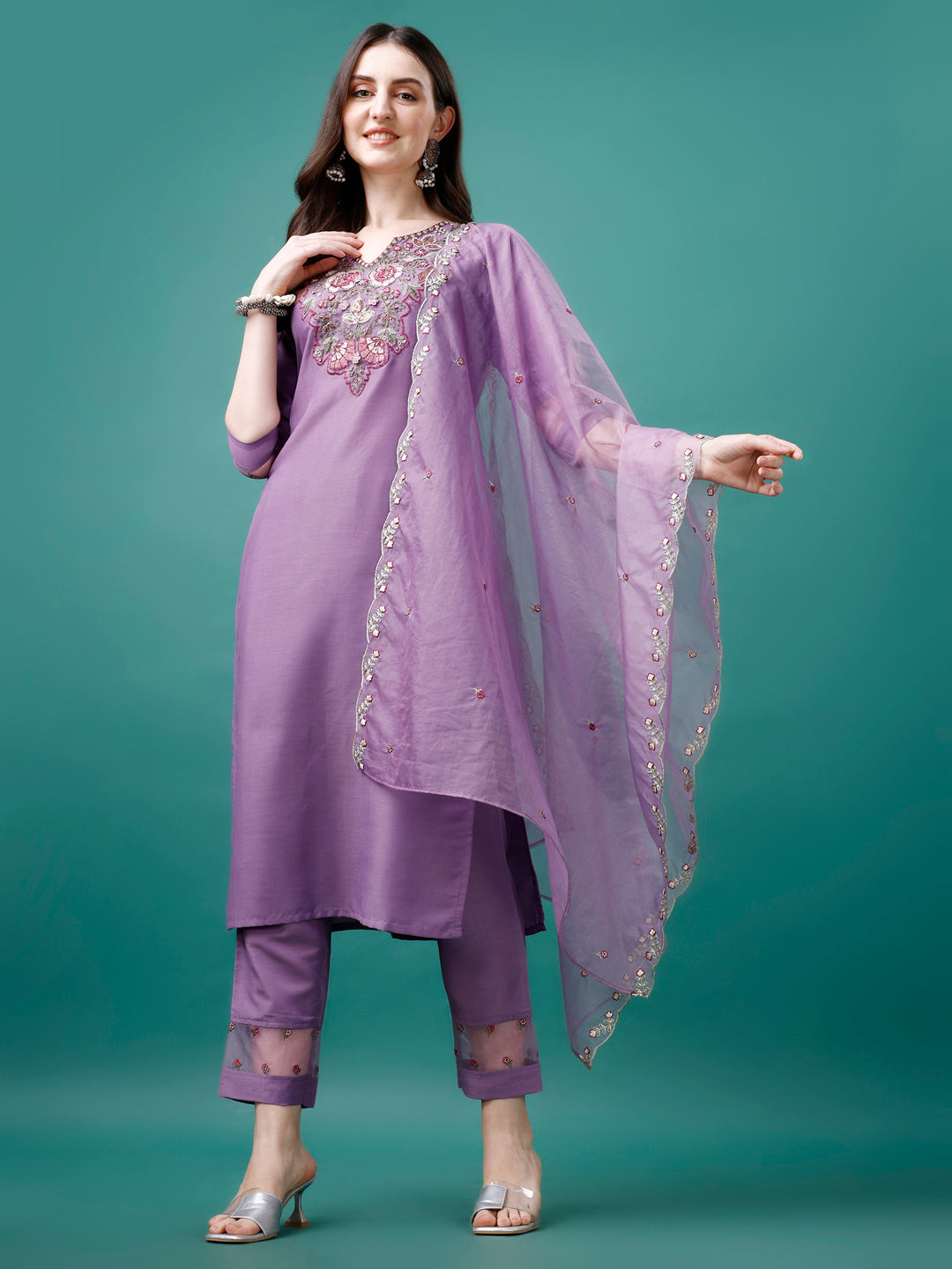 Embroidered Kurta With Pant & Premium Embroidered Organza Dupatta, Multicolor - Hiral Fashion