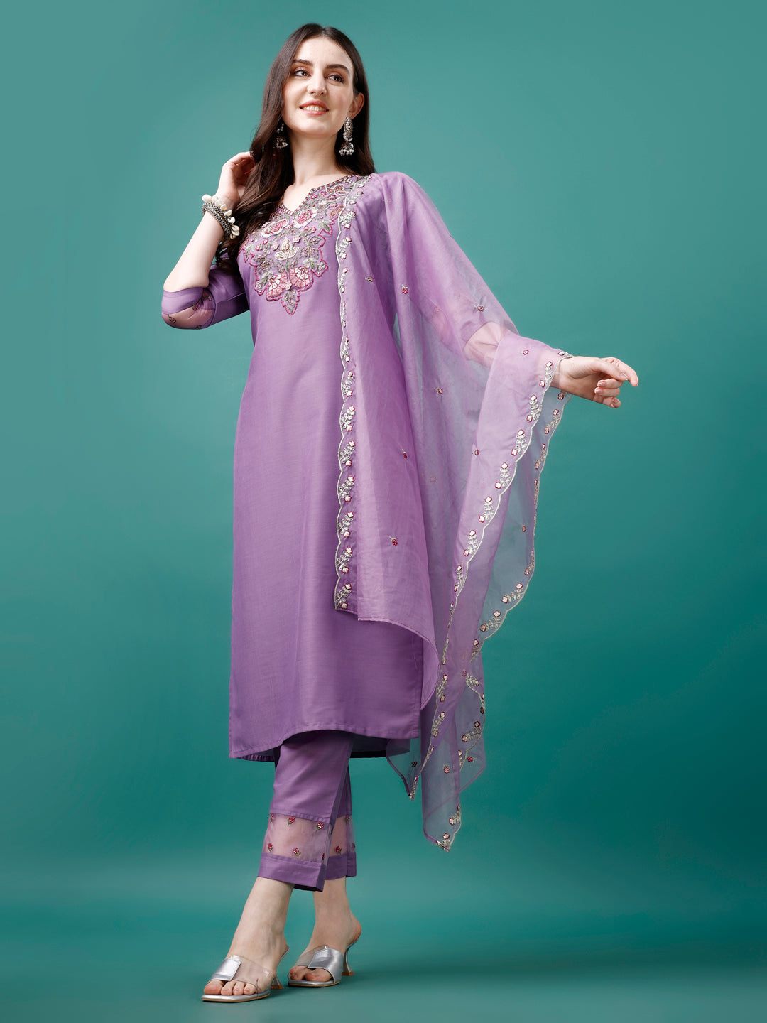 Embroidered Kurta With Pant & Premium Embroidered Organza Dupatta, Multicolor - Hiral Fashion
