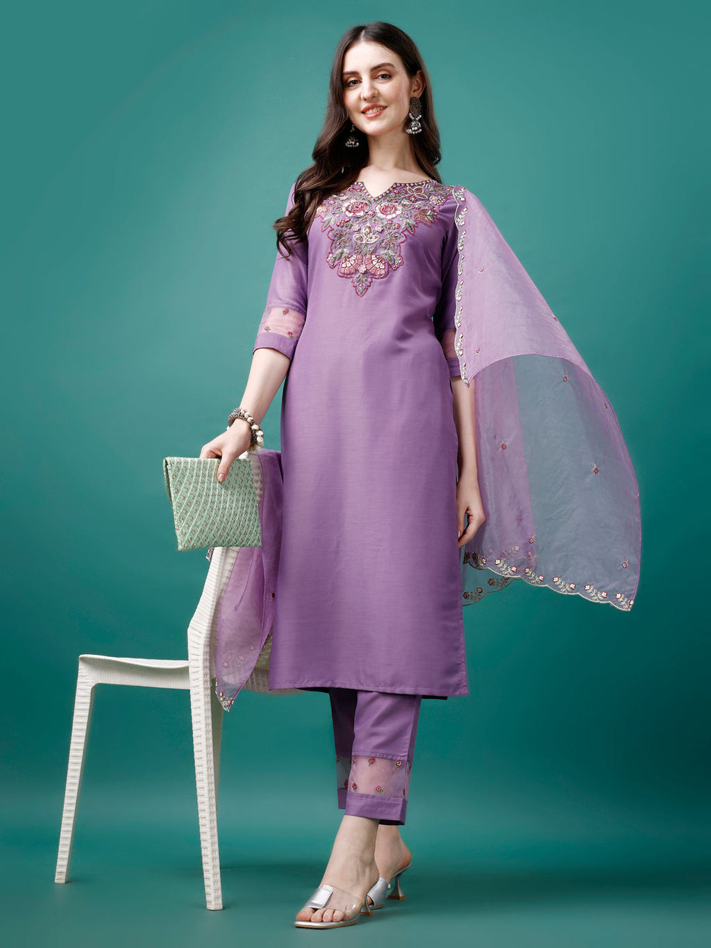 Embroidered Kurta With Pant & Premium Embroidered Organza Dupatta, Multicolor - Hiral Fashion