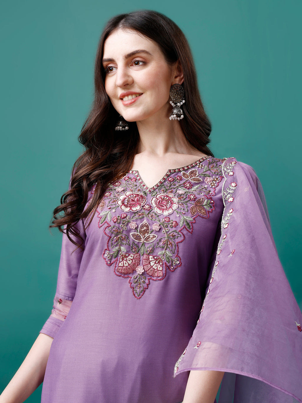 Embroidered Kurta With Pant & Premium Embroidered Organza Dupatta, Multicolor - Hiral Fashion