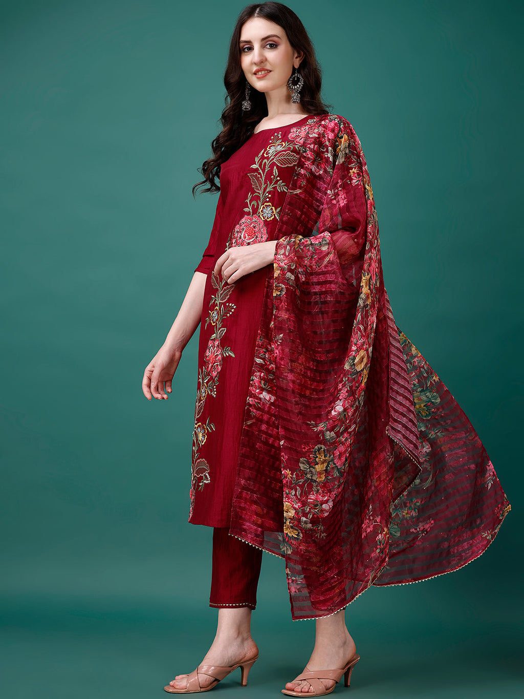 Hand Embroidered Kurta With Pant & Printed Premium Organza Dupatta Luxury, Multicolor - Hiral Fashion - Distacart