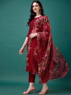 Hand Embroidered Kurta With Pant & Printed Premium Organza Dupatta Luxury, Multicolor - Hiral Fashion - Distacart