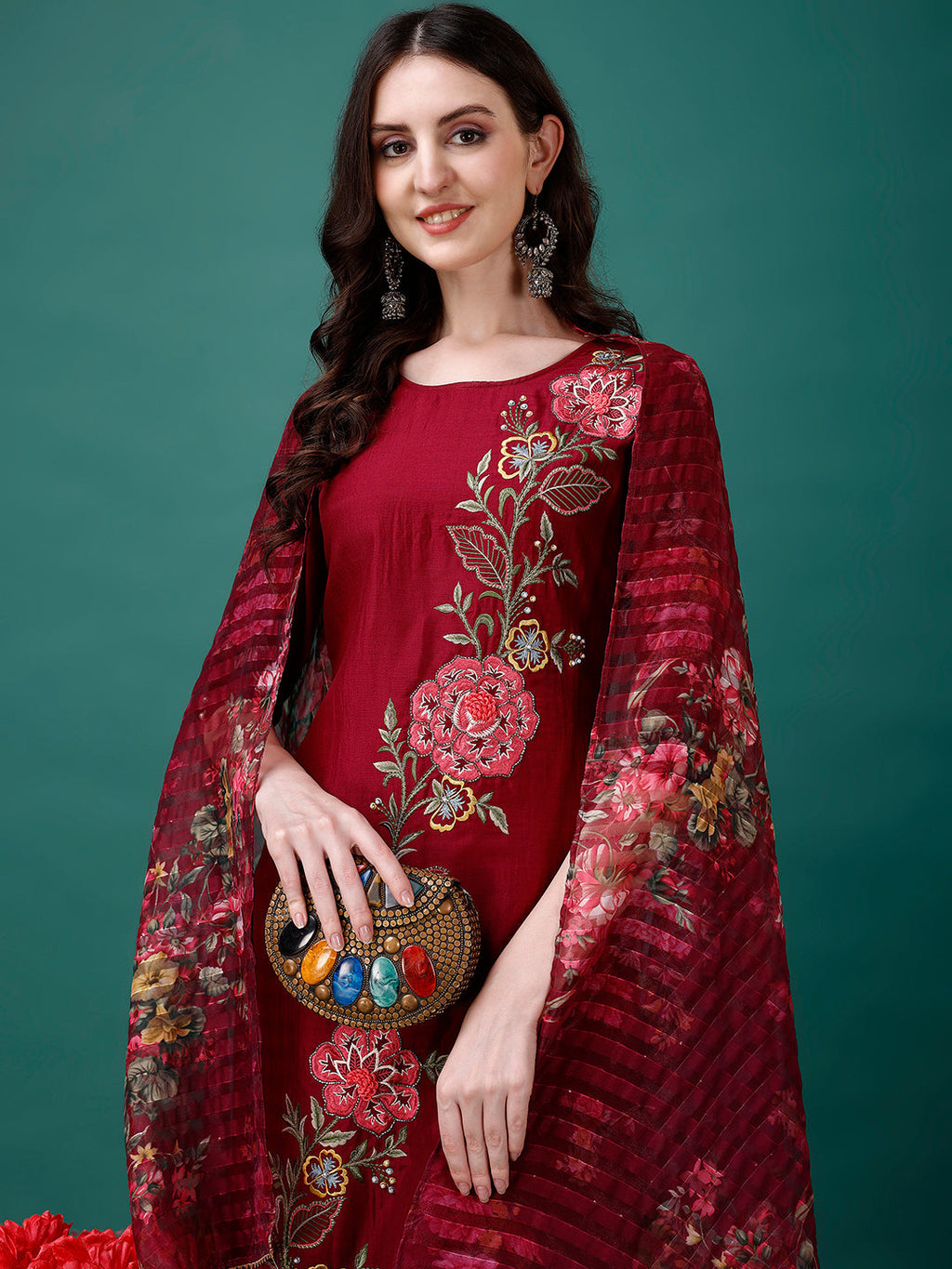 Hand Embroidered Kurta With Pant & Printed Premium Organza Dupatta Luxury, Multicolor - Hiral Fashion - Distacart