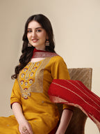 Hand Embroidered Kurta With Pant & Dupatta Set, Multicolor - Hiral Fashion