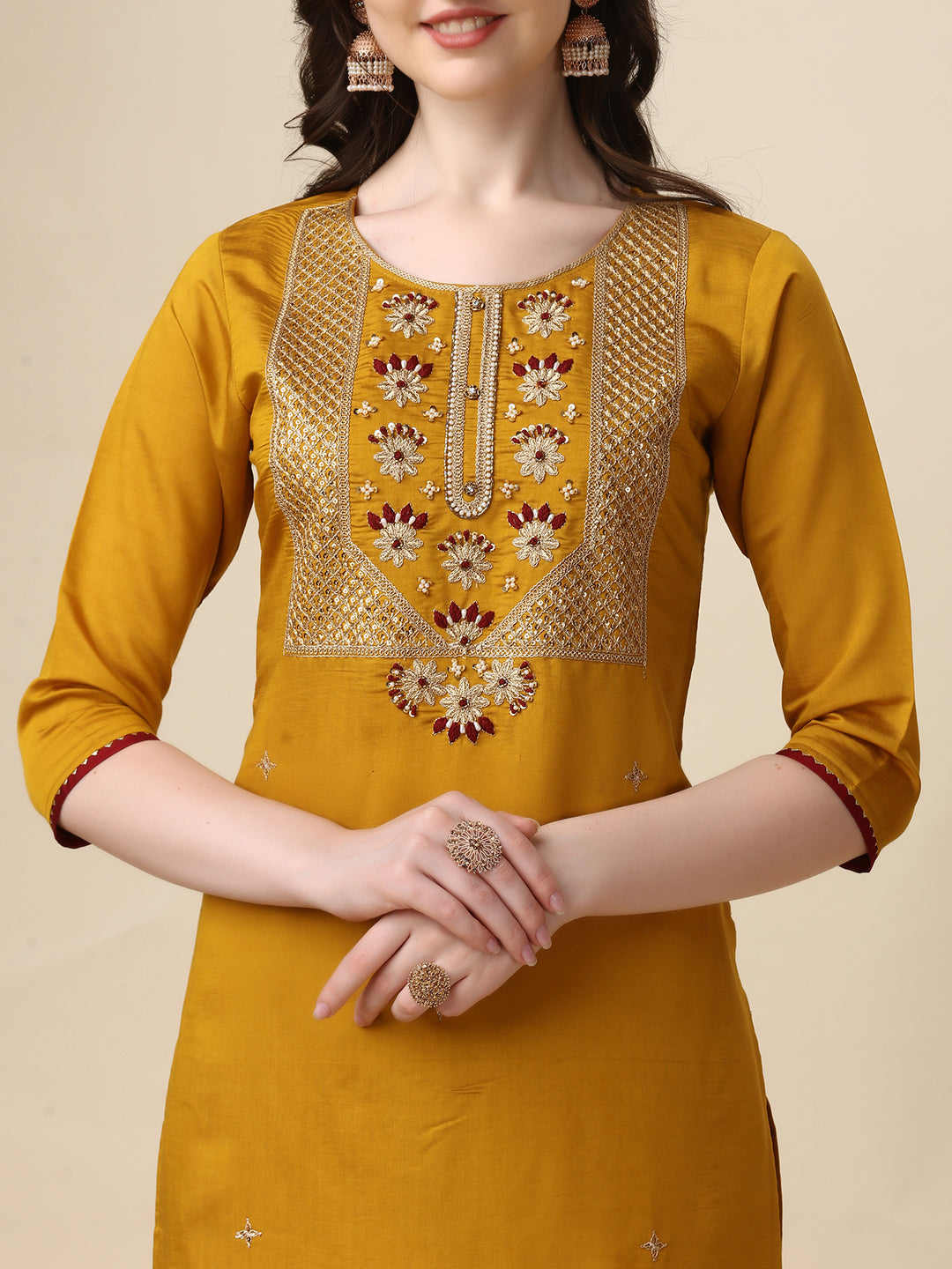 Hand Embroidered Kurta With Pant & Dupatta Set, Multicolor - Hiral Fashion