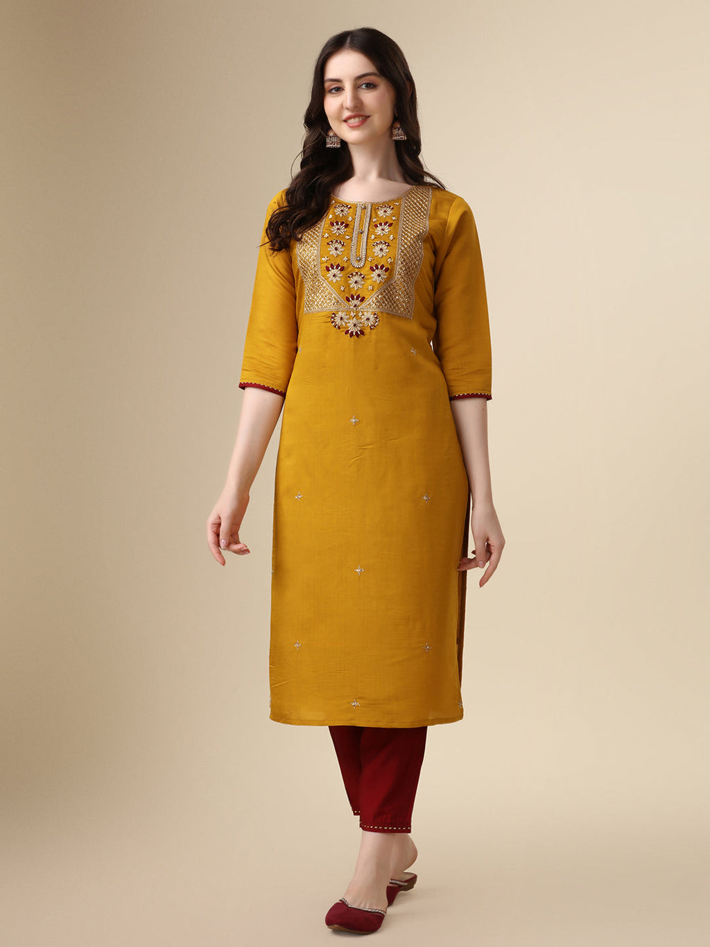 Hand Embroidered Kurta With Pant & Dupatta Set, Multicolor - Hiral Fashion