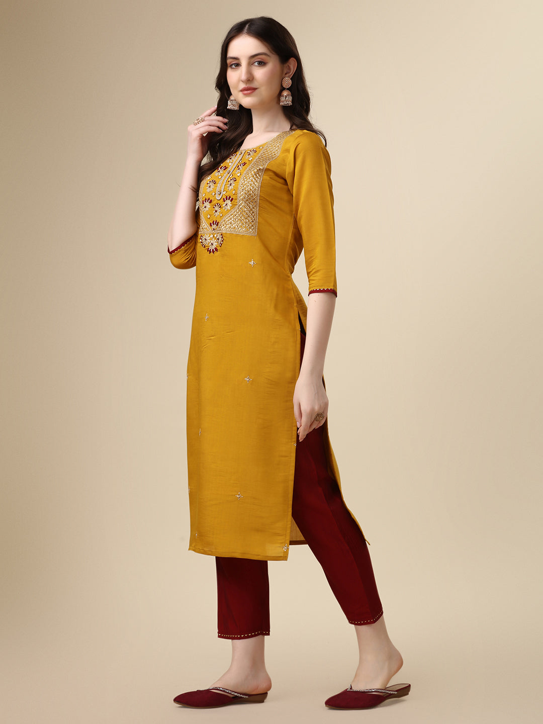 Hand Embroidered Kurta With Pant & Dupatta Set, Multicolor - Hiral Fashion