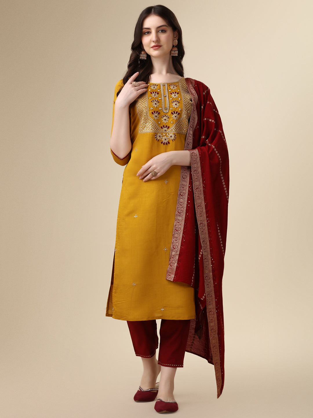 Hand Embroidered Kurta With Pant & Dupatta Set, Multicolor - Hiral Fashion