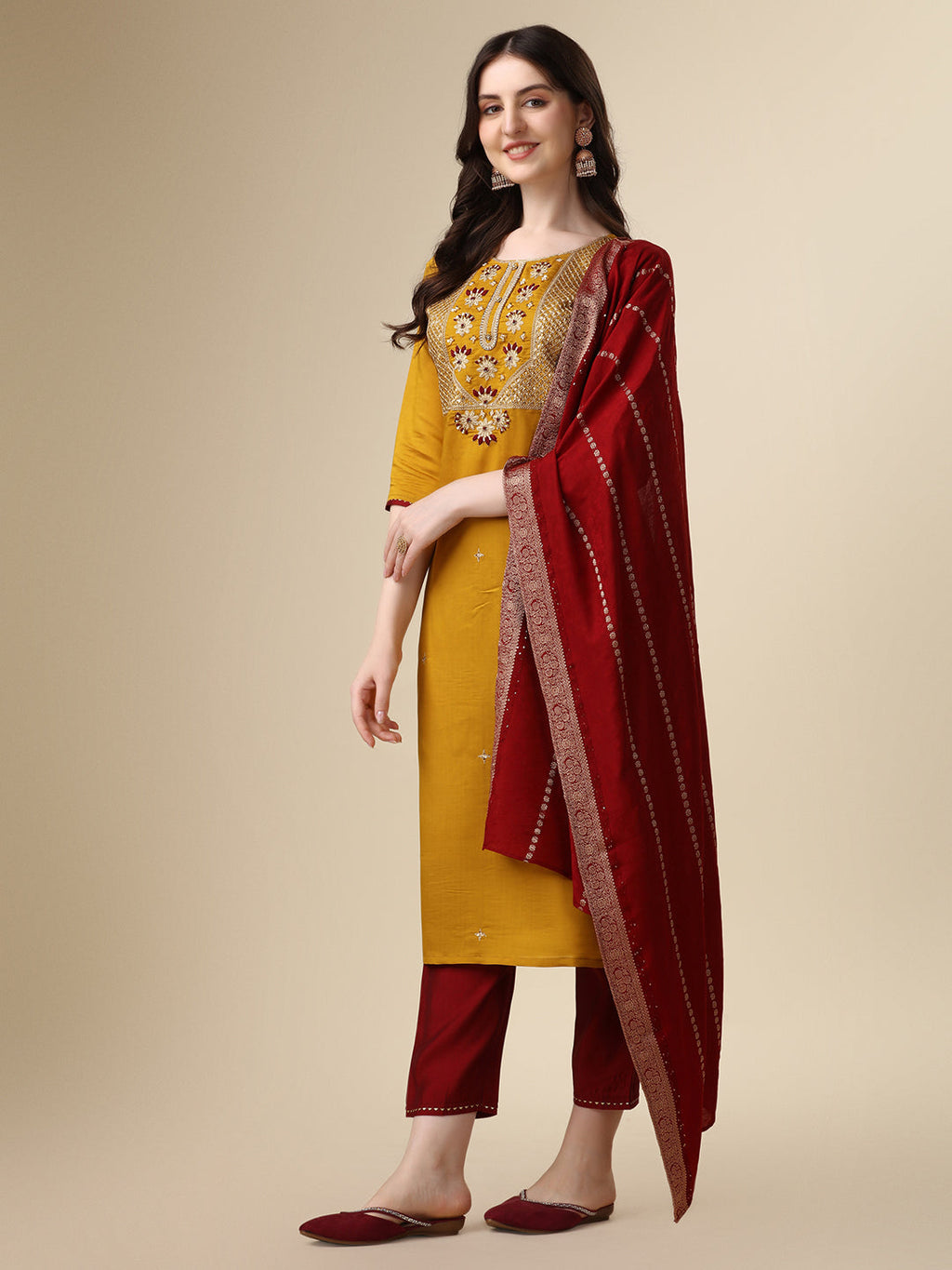 Hand Embroidered Kurta With Pant & Dupatta Set, Multicolor - Hiral Fashion
