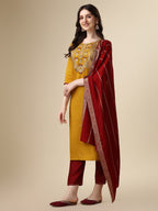 Hand Embroidered Kurta With Pant & Dupatta Set, Multicolor - Hiral Fashion