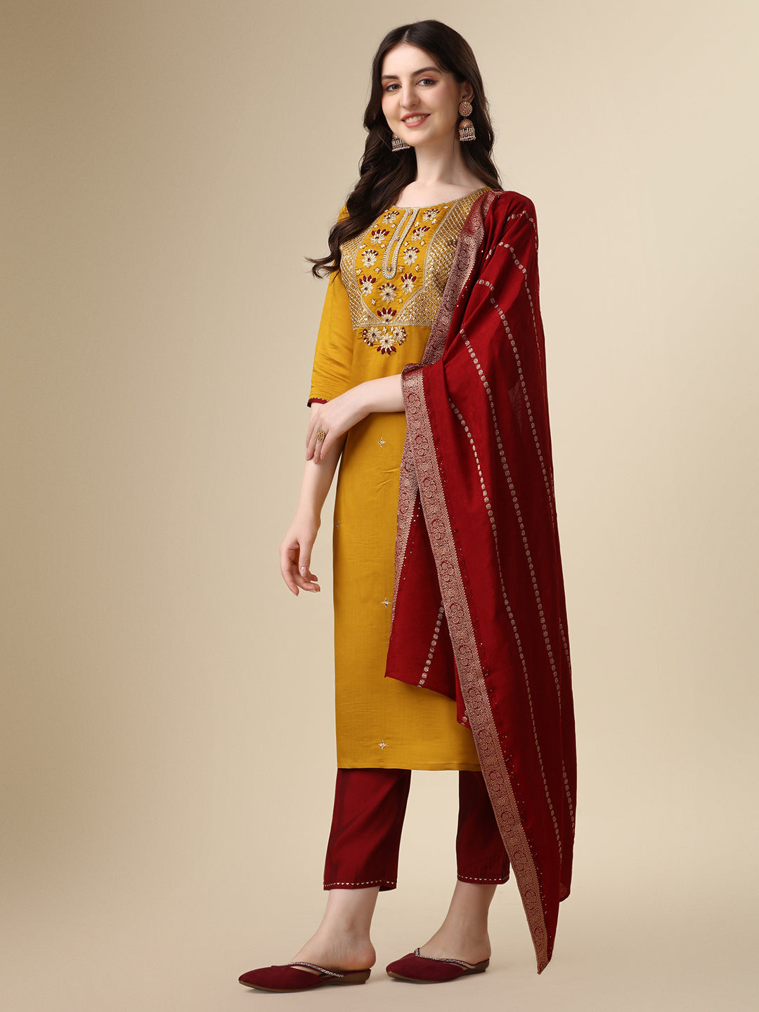 Hand Embroidered Kurta With Pant & Dupatta Set, Multicolor - Hiral Fashion