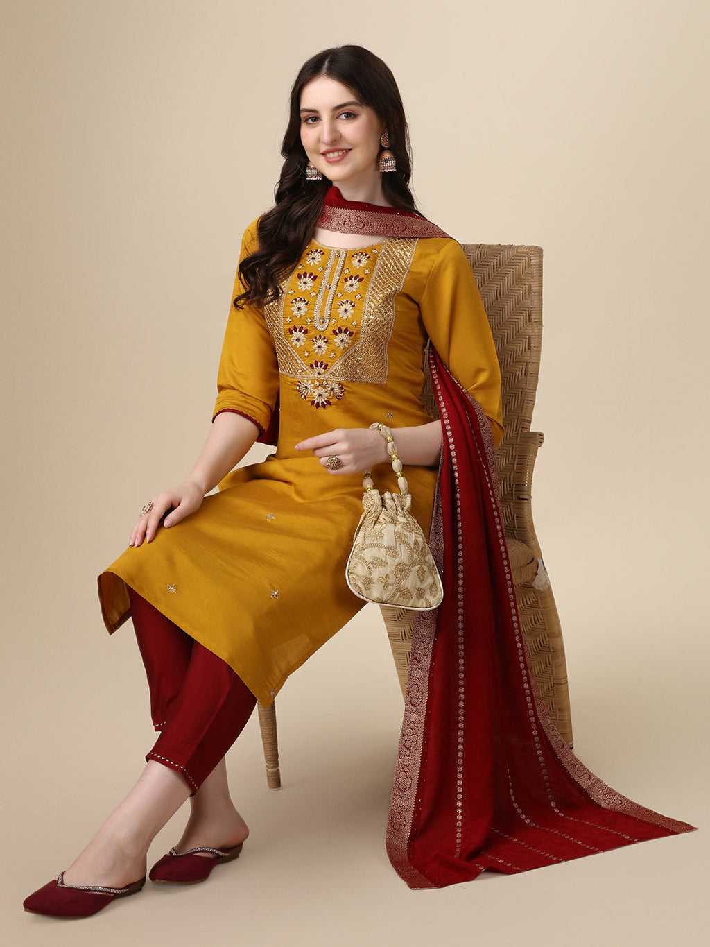 Hand Embroidered Kurta With Pant & Dupatta Set, Multicolor - Hiral Fashion