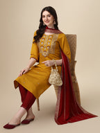 Hand Embroidered Kurta With Pant & Dupatta Set, Multicolor - Hiral Fashion