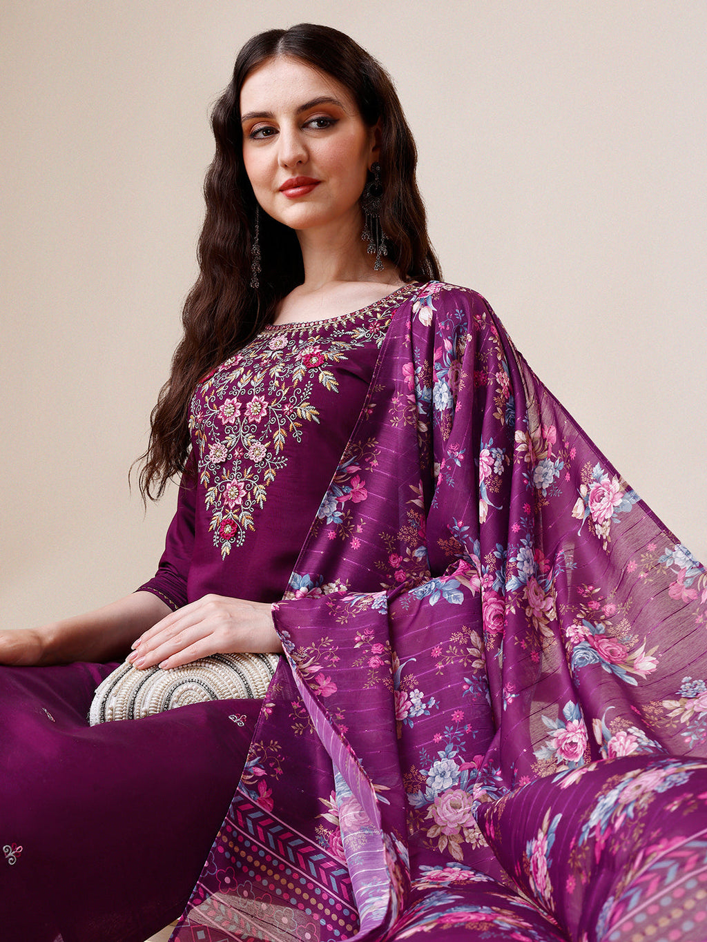 Purple Hand Embroidered Kurta With Pant & Printed Dupatta Set, Multicolor - Hiral Fashion