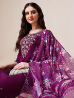 Purple Hand Embroidered Kurta With Pant & Printed Dupatta Set, Multicolor - Hiral Fashion