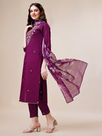 Purple Hand Embroidered Kurta With Pant & Printed Dupatta Set, Multicolor - Hiral Fashion