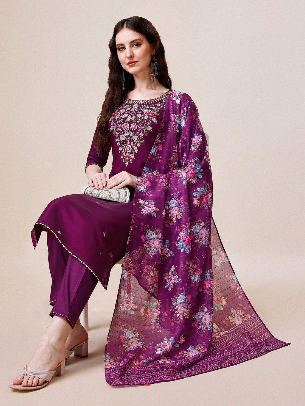 Purple Hand Embroidered Kurta With Pant & Printed Dupatta Set, Multicolor - Hiral Fashion