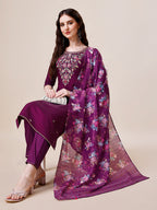Purple Hand Embroidered Kurta With Pant & Printed Dupatta Set, Multicolor - Hiral Fashion