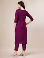 Purple Hand Embroidered Kurta With Pant & Printed Dupatta Set, Multicolor - Hiral Fashion