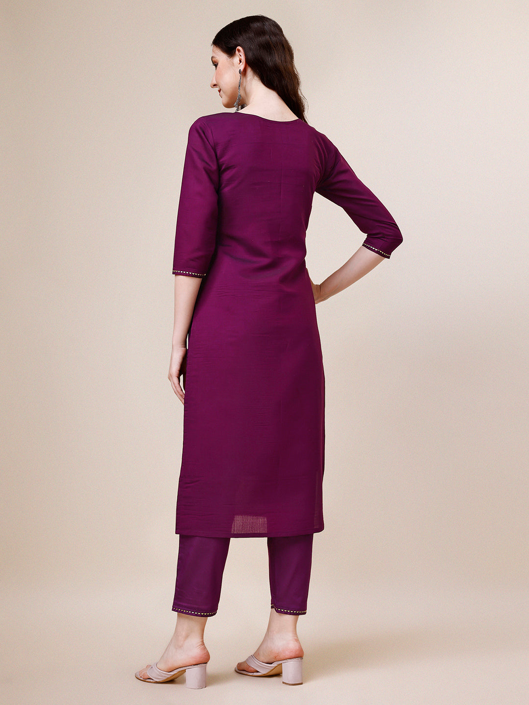 Purple Hand Embroidered Kurta With Pant & Printed Dupatta Set, Multicolor - Hiral Fashion